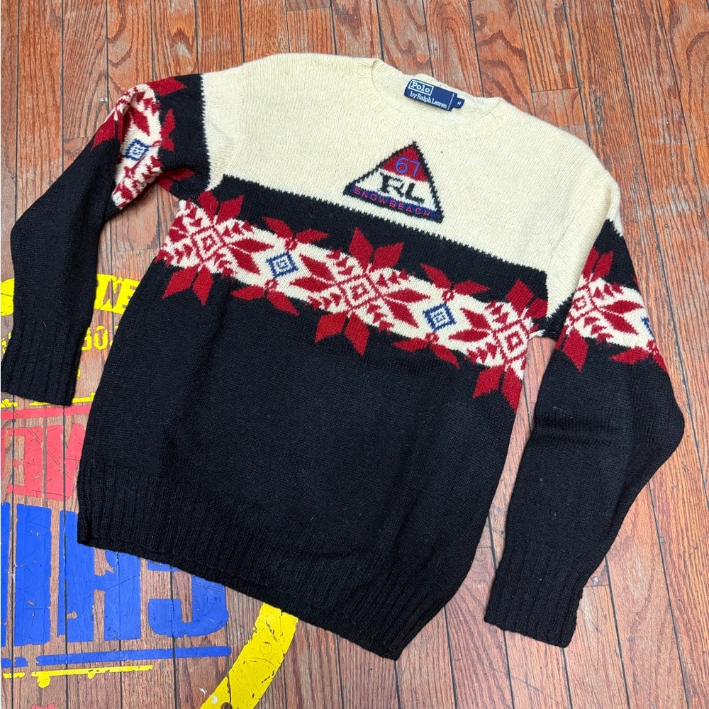 Polo by Ralph Lauren Men's Black and Cream Sweater with Red Pattern